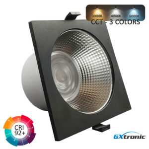 Downlight Quadrado Preto LED Embutir Potencia Seleccionável 60w54w48w42w 24º 120Lm/w CCT 3000K/4000K/6000K IP65 Drive GXtronic  CRI+92 Aro Ø225x110mm F Ø205mm